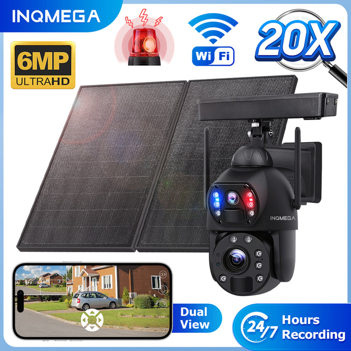 INGMEGA 20X Zoom 4G SIM / WIFI Cellular Security Camera Dual-Lens,6MP Solar Camera Wireless Outdoor,Siren Alarm,Color Night Vision,Dual Screen,Built in 12000mAh Battery