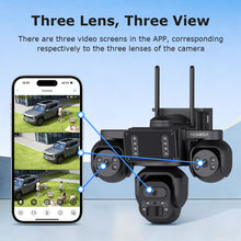 Load image into Gallery viewer, Triple Len 24/7 Full Time Recording AOV 4G Solar Camera PIR Human Tracking Area Detect AI Camera GSM IP66 New Gen Network Camera