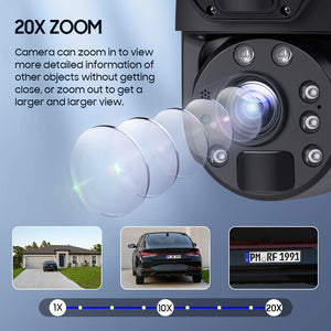 INGMEGA 20X Zoom 4G SIM / WIFI Cellular Security Camera Dual-Lens,6MP Solar Camera Wireless Outdoor,Siren Alarm,Color Night Vision,Dual Screen,Built in 12000mAh Battery