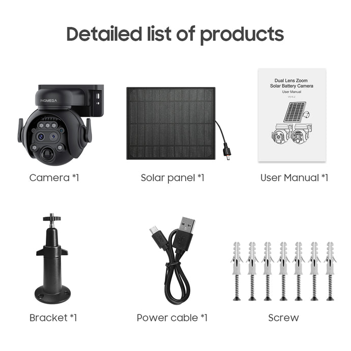 INGMEGA 4G SIM / WIFI Solar Security Cameras WIFI Wireless Outdoor 3MP 360° View Animal Monitoring Black/White Color Battery PTZ Camera.Built-in Battery