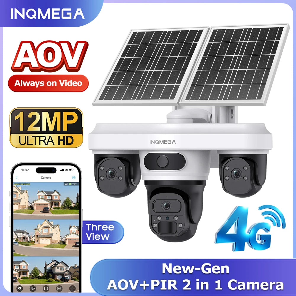 INQMGEA 12MP 3 Lens Outdoor WIFI Camera Solar CCTV Security Solar-pow ...