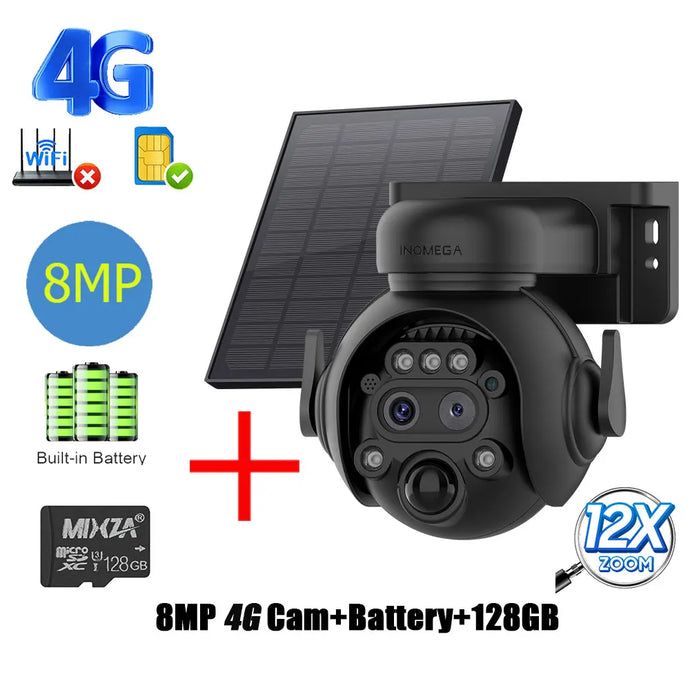 INQMEGA 8MP Solar Powered Camera 4G / WIFI Solar Camera with SIM Card Solar Panel  Security PIR Human Detection Kamera