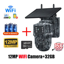 Load image into Gallery viewer, Solar Camera Outdoor 12MP 6K Dual Screen WIFI / 4G SIM Monitor IP66 PIR Human Detection Security Camera Camouflage Forest Ubox