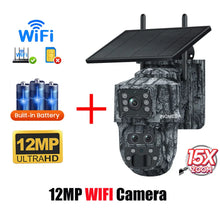 Load image into Gallery viewer, Solar Camera Outdoor 12MP 6K Dual Screen WIFI / 4G SIM Monitor IP66 PIR Human Detection Security Camera Camouflage Forest Ubox